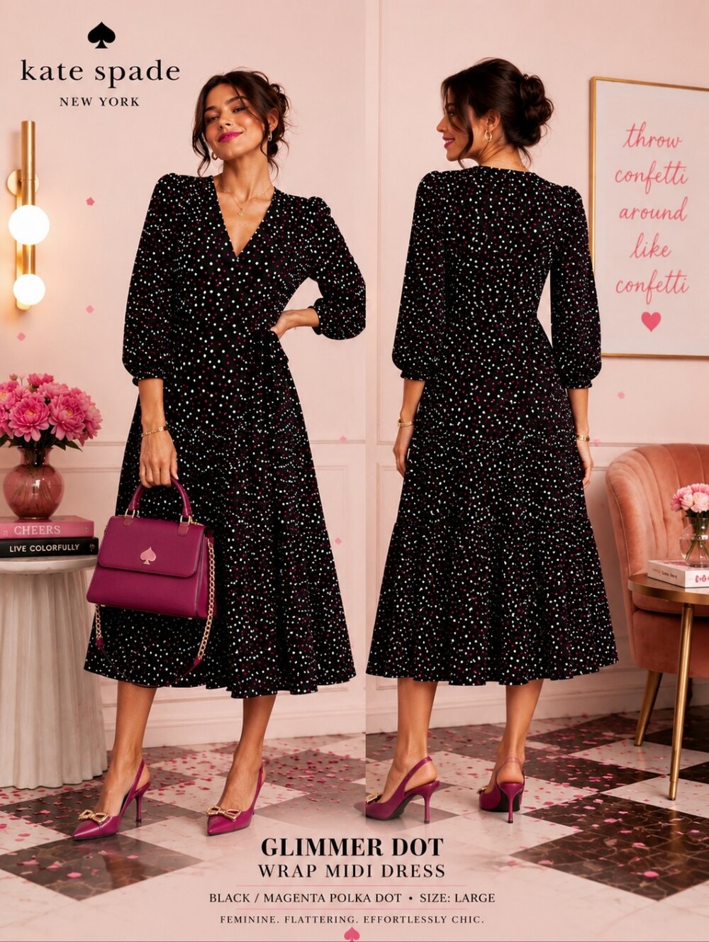 Kate Spade Glimmer Dot Wrap Midi Dress | Black Pink Polka Dot | Large | Like New